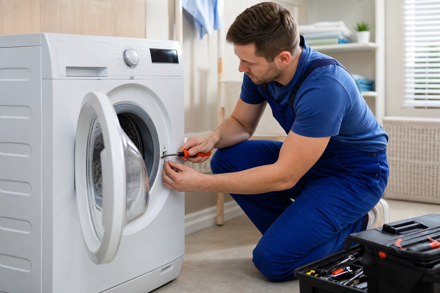 Technician repairing an IFB front load washing machine