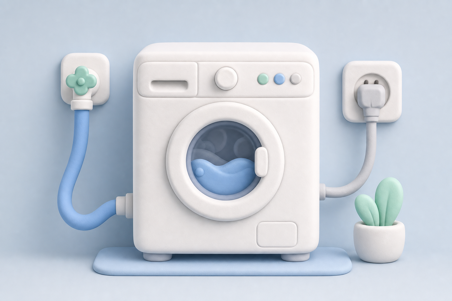 Claymorphism illustration of washing machine installation setup