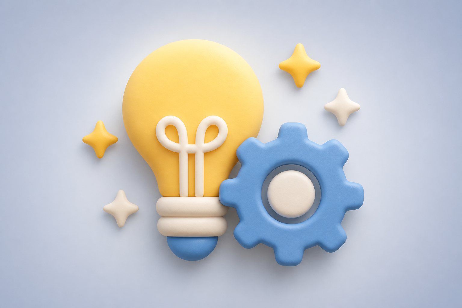 Claymorphism illustration of maintenance with gear and lightbulb