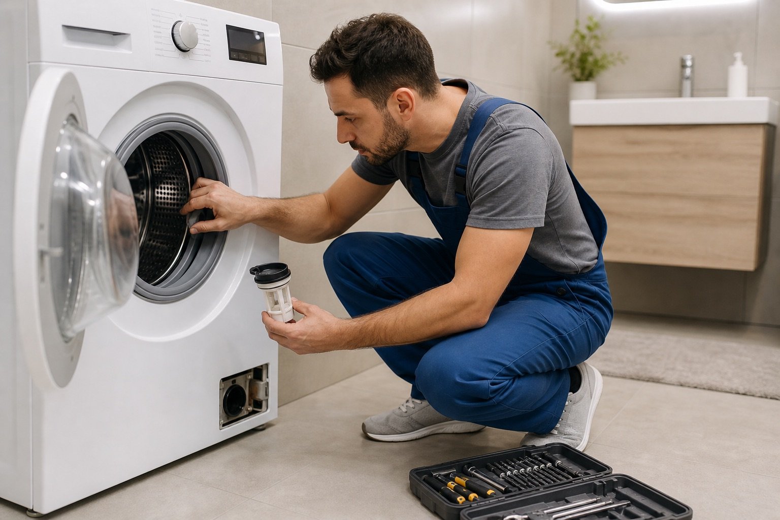 Technician installing genuine spare parts during washing machine service