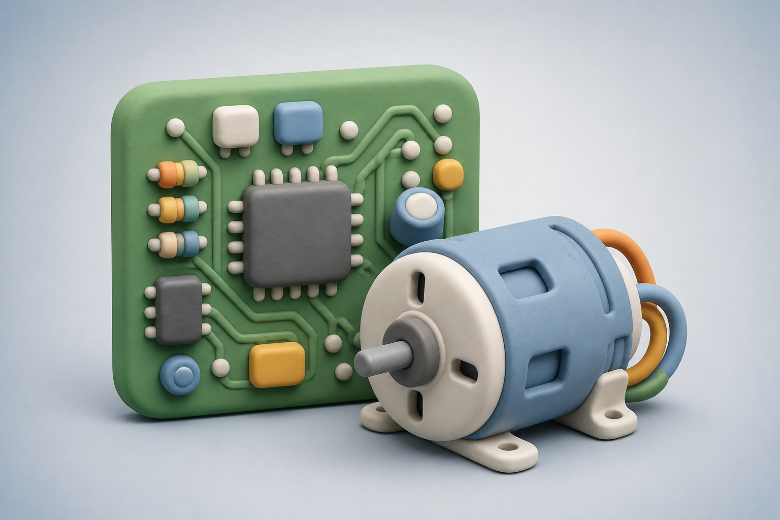 Claymorphism illustration of PCB circuit board and motor
