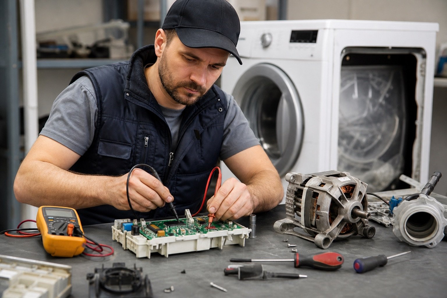 Technician repairing washing machine motor and control board parts