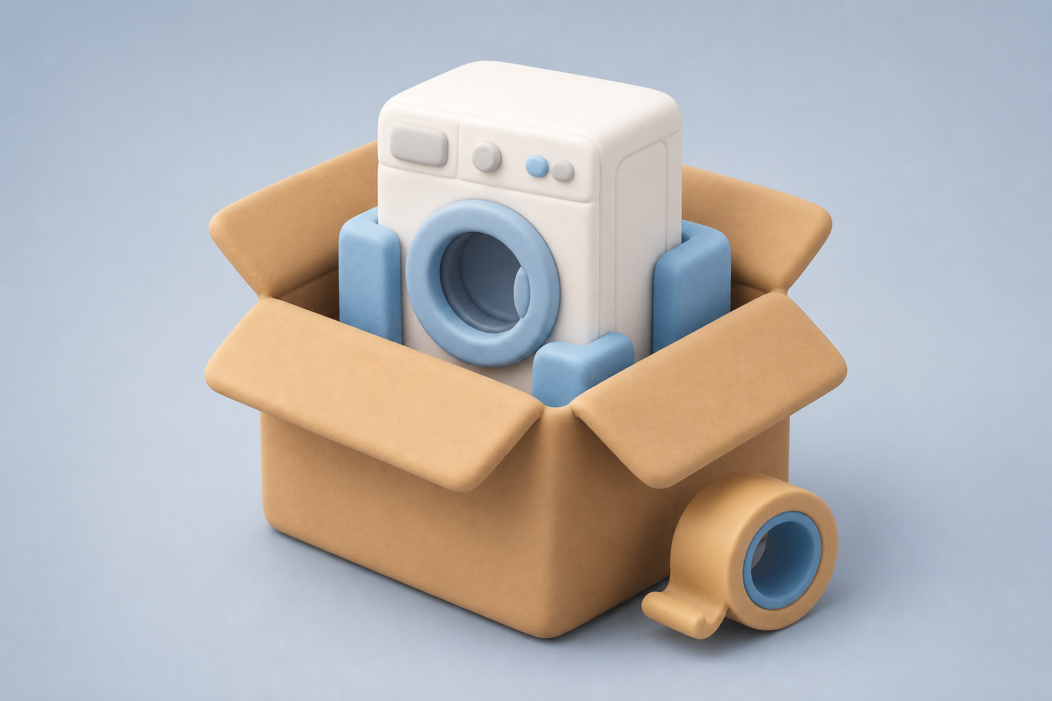Claymorphism illustration of packing a washing machine for relocation