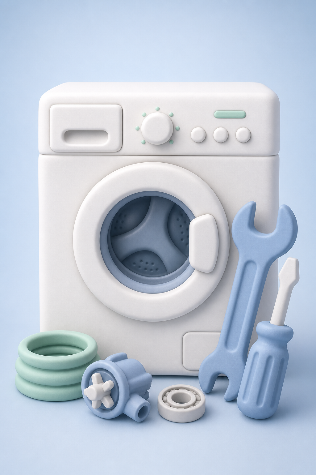 Claymorphism illustration of a washing machine with repair tools